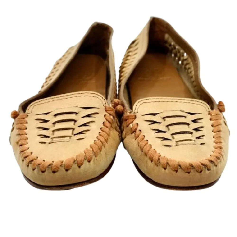 TORY BURCH~Woven Nadia~Driver Moccasin Tan Leather Loafer Womens Shoes Size 7